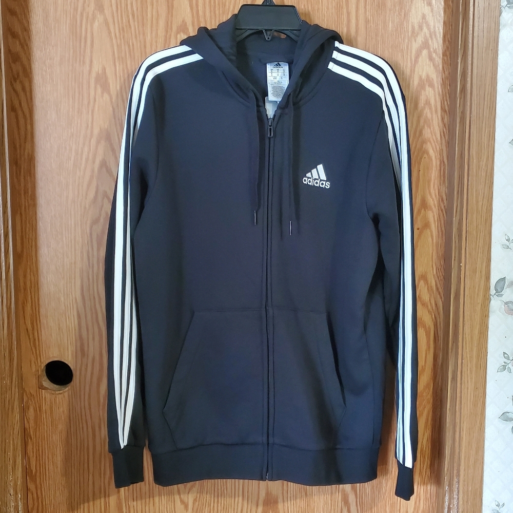 Adidas essentials 3 stripe full zip hoodie cotton blend size M New
